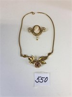 GOLD TONE CAMEO PIN NECKLACE WITH ROSE LEAF FOCAL