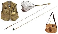 (6) FLY FISHING, TWO RODS, REEL, NET, VEST, CREEL