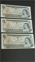 Three 1973 Canada Unc Seq One Dollar Banknotes