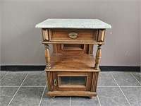 Antique Walnut Bedside Table W/ Marble Top.