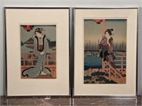 Pair Hiroshige Geishas Japanese Woodblocks