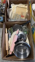 2 box lots of kitchen items, cook pans, vintage