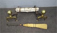Brass Andirons, Birch Sticks, Fireplace Broom