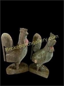 Pair Carved Wooden Roosters