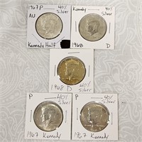 5 Kennedy Half Dollars 50 Cents 1967 40% Silver