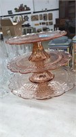 3 VARIOUS SZ PINK DEPRESSION GLASS CAKE PLATTERS