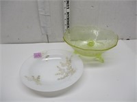 Green Glass Footed Bowl and Plate