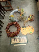 Fall Wreaths, Pumkin Decor & Basket, Snowman