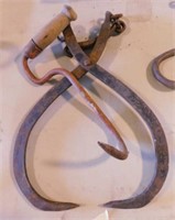 Antique ice tongs - Wood handled hay hook