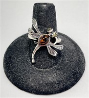 Sterling Amber Dragonfly Ring 4 Grams Size 8.25