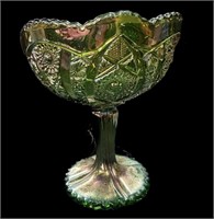 Green Carnival Glass Daisy & Button Compote