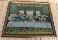 Early Last Supper litho in old wooden frame.