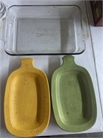 Casserole dish (Anchor) & 2 pfaltzgraff plates