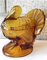 Vintage Amber Glass Footed Turkey Candy Dish