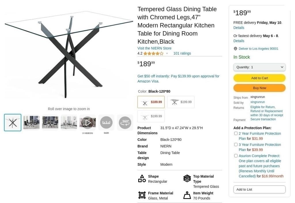 G945  Tempered Glass Dining Table 47 Black