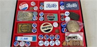 PEPSI COLA COLLECTABLE LOT IN SHADOW BOX-16X12