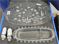 16 3/4" Long Glass Tray,  2 Dresden Shoes, &