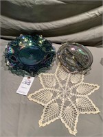 VTG Blue Carnival Glass Centerpiece & Relish Dish