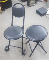 Two collapsible stools, one with wheels