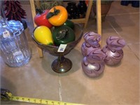 Carnival Glass Compote  ~ Glass Fruit & 3 Vases