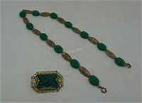 Costume Jewelry Green Stone Brooch & Necklace