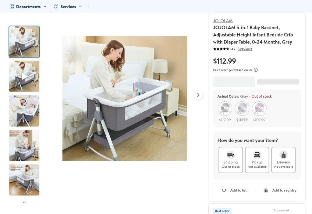 N6666  JOJOLAM 5-in-1 Baby Bassinet Diaper Table