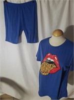 Sz L Blue 2pc Short Set W/ Rolling Stones Tongue