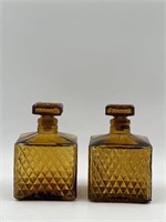 1970s Amber Glass Decanters 2 Diamond Quilt
