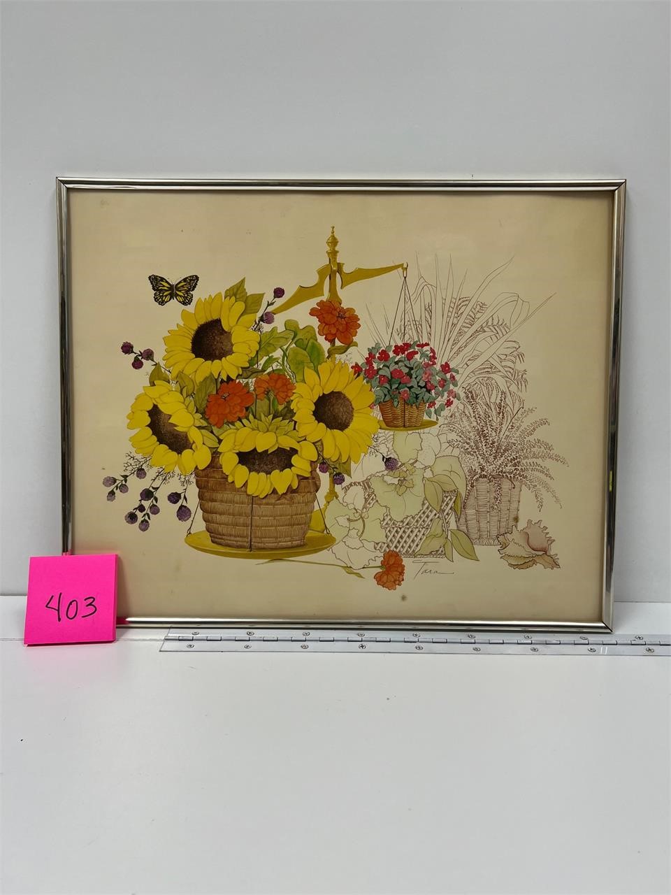 Vtg Lithograph Sunflowers Signed Tara