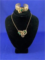 Gold Tone Necklace & Bangle w Green Stones