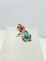 Sterling Silver, Turquoise & Red Coral Ring, Sz. 5