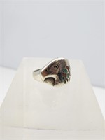 Sterling Silver Turquoise & Coral Eagle Head Ring