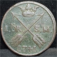 1741 Sweden 1 Ore Large Copper Coin