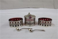 Two salters & condiment dish with ruby red