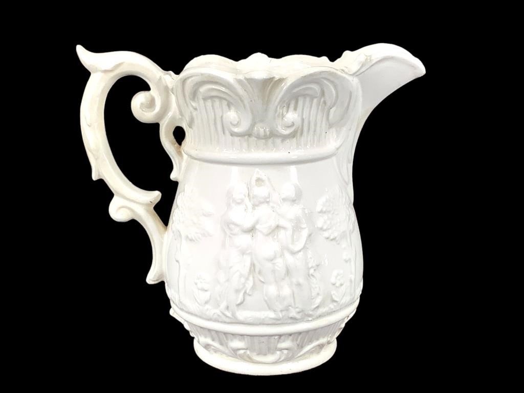 Glazed White Pitcher w 3 Graces on Sides 7"