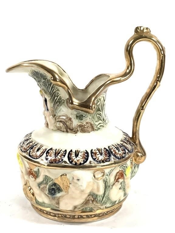 Glazed & Painted Pitcher w Gilt, Signed 1964