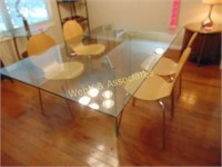 Glass dining table and four wood mid century