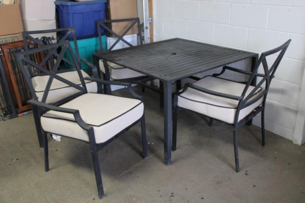 Metal Patio Table & 4 Chairs with Umbrella & Stand