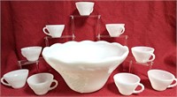 WHITE MILK GLASS PUNCH BOWL & CUPS ANCHOR HOCKING