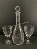 Mid Century Star Etched Decanter & Wine Glassware