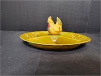 Vintage Pottery Rooster Green 4-Section Dish