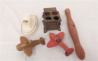 CAST IRON STOVE- 2 TOY AIRPLANES- PORCELAIN WALL