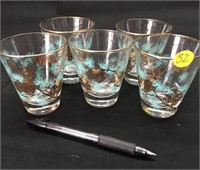 5 Vintage MCM Pine Cone Teal and Gold Glasses