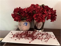 RED FAUX FLOWERS & WHITE TRAY