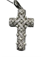 CZ DIAMOND AND FAUX PEARL CROSS PENDANT NECKLACE