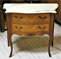 French Style Onyx Top Inlaid Mahogany Chest.