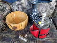 ice bucket , vase , wooden bowl