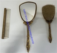 Vintage Gold Tone Vanity Hair Brush, Mirror, And
