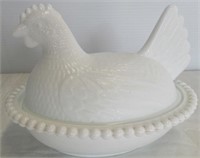 Milk Glass Hen on Nest. Measures 5.25"H.