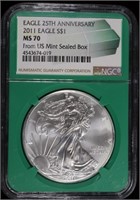 2011 AMERICAN SILVER EAGLE NGC MS70, 25TH ANNIV